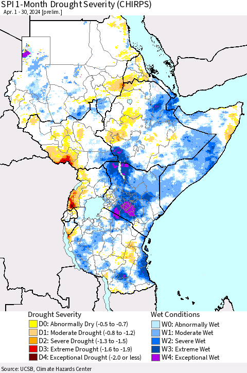 Eastern Africa SPI 1-Month Drought Severity (CHIRPS) Thematic Map For 4/1/2024 - 4/30/2024