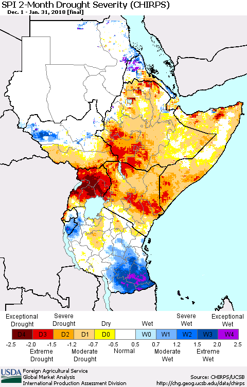Eastern Africa SPI 2-Month Drought Severity (CHIRPS) Thematic Map For 12/1/2017 - 1/31/2018