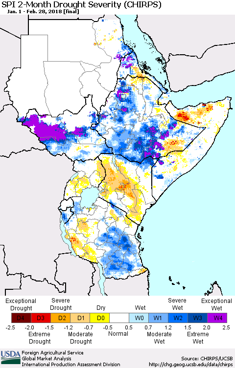 Eastern Africa SPI 2-Month Drought Severity (CHIRPS) Thematic Map For 1/1/2018 - 2/28/2018