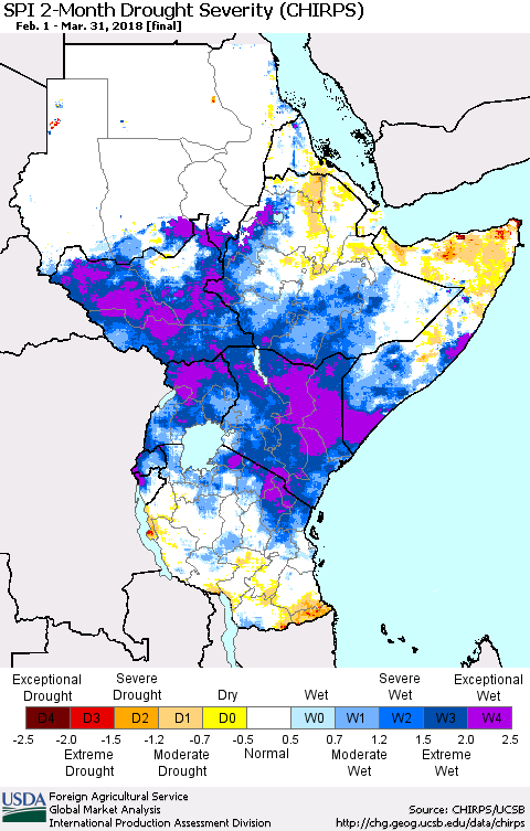 Eastern Africa SPI 2-Month Drought Severity (CHIRPS) Thematic Map For 2/1/2018 - 3/31/2018