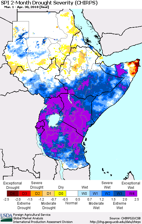 Eastern Africa SPI 2-Month Drought Severity (CHIRPS) Thematic Map For 3/1/2018 - 4/30/2018