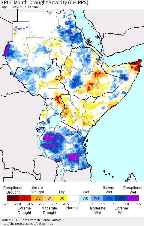 Eastern Africa SPI 2-Month Drought Severity (CHIRPS) Thematic Map For 4/1/2019 - 5/31/2019