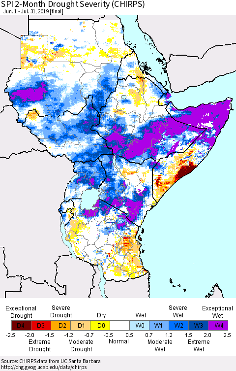 Eastern Africa SPI 2-Month Drought Severity (CHIRPS) Thematic Map For 6/1/2019 - 7/31/2019