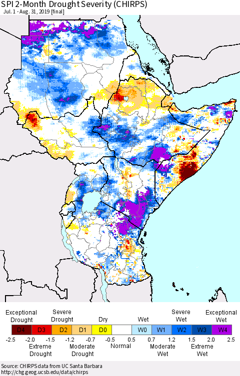 Eastern Africa SPI 2-Month Drought Severity (CHIRPS) Thematic Map For 7/1/2019 - 8/31/2019