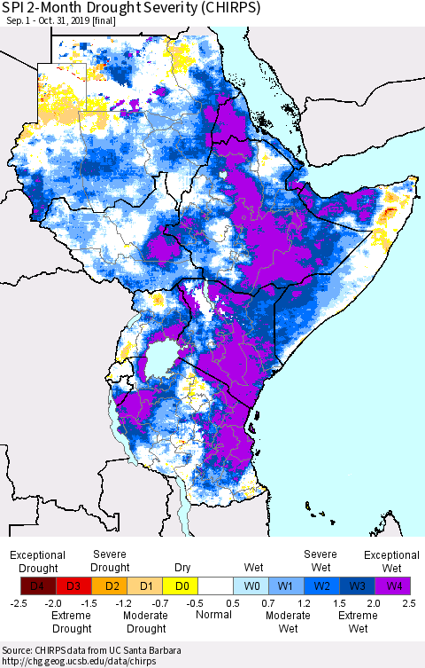 Eastern Africa SPI 2-Month Drought Severity (CHIRPS) Thematic Map For 9/1/2019 - 10/31/2019
