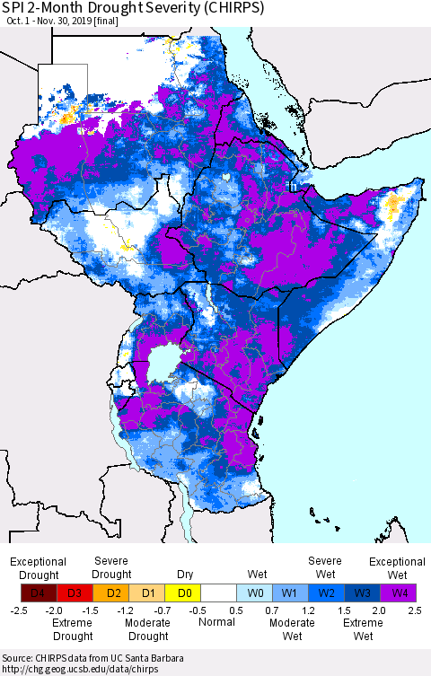 Eastern Africa SPI 2-Month Drought Severity (CHIRPS) Thematic Map For 10/1/2019 - 11/30/2019