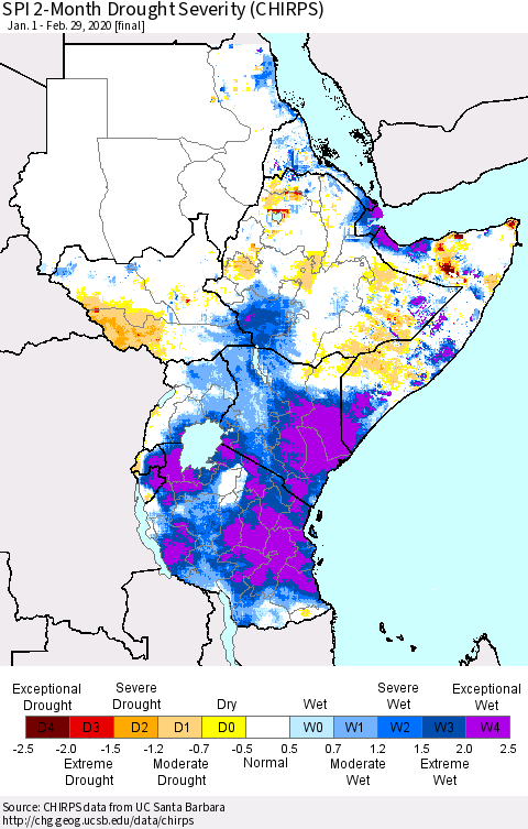 Eastern Africa SPI 2-Month Drought Severity (CHIRPS) Thematic Map For 1/1/2020 - 2/29/2020