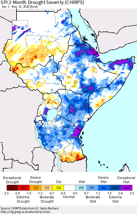 Eastern Africa SPI 2-Month Drought Severity (CHIRPS) Thematic Map For 4/1/2020 - 5/31/2020