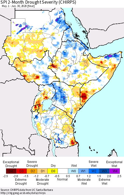 Eastern Africa SPI 2-Month Drought Severity (CHIRPS) Thematic Map For 5/1/2020 - 6/30/2020