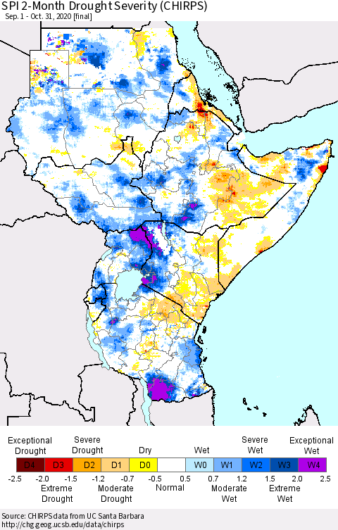 Eastern Africa SPI 2-Month Drought Severity (CHIRPS) Thematic Map For 9/1/2020 - 10/31/2020