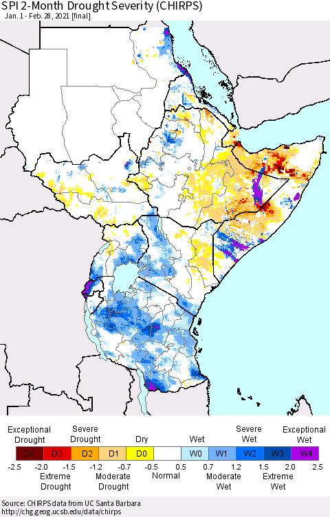 Eastern Africa SPI 2-Month Drought Severity (CHIRPS) Thematic Map For 1/1/2021 - 2/28/2021