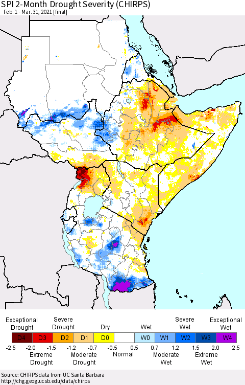 Eastern Africa SPI 2-Month Drought Severity (CHIRPS) Thematic Map For 2/1/2021 - 3/31/2021