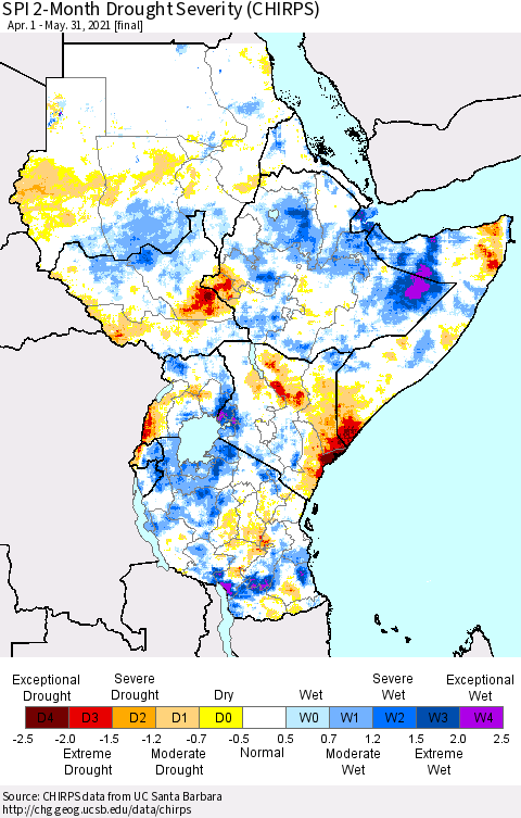 Eastern Africa SPI 2-Month Drought Severity (CHIRPS) Thematic Map For 4/1/2021 - 5/31/2021