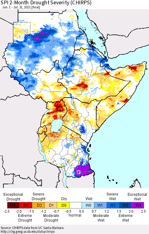 Eastern Africa SPI 2-Month Drought Severity (CHIRPS) Thematic Map For 6/1/2021 - 7/31/2021