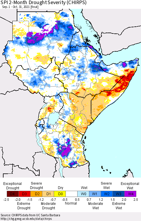 Eastern Africa SPI 2-Month Drought Severity (CHIRPS) Thematic Map For 9/1/2021 - 10/31/2021