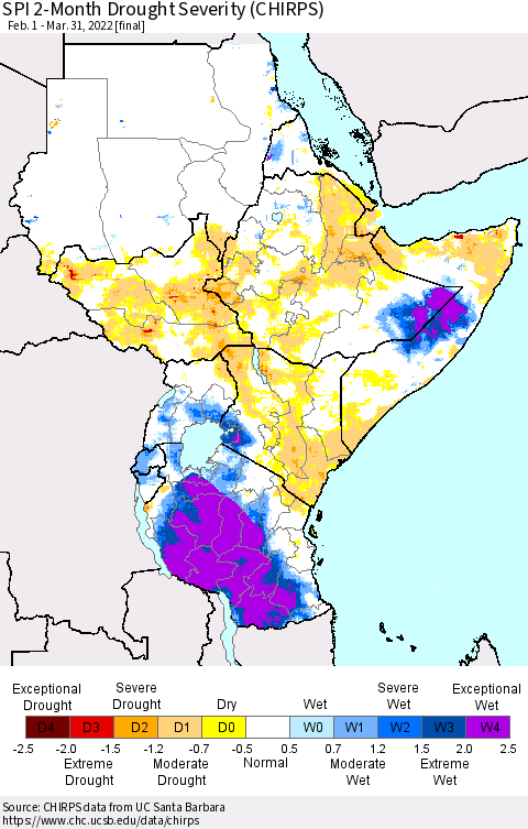 Eastern Africa SPI 2-Month Drought Severity (CHIRPS) Thematic Map For 2/1/2022 - 3/31/2022