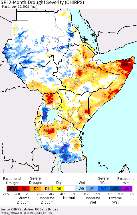 Eastern Africa SPI 2-Month Drought Severity (CHIRPS) Thematic Map For 3/1/2022 - 4/30/2022