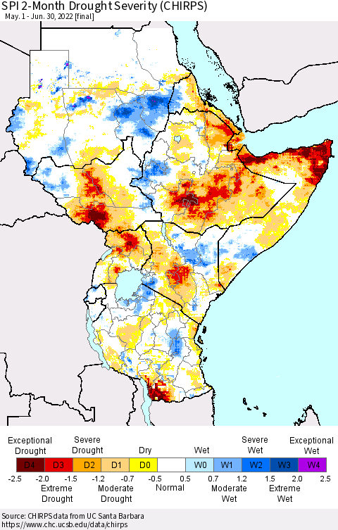 Eastern Africa SPI 2-Month Drought Severity (CHIRPS) Thematic Map For 5/1/2022 - 6/30/2022