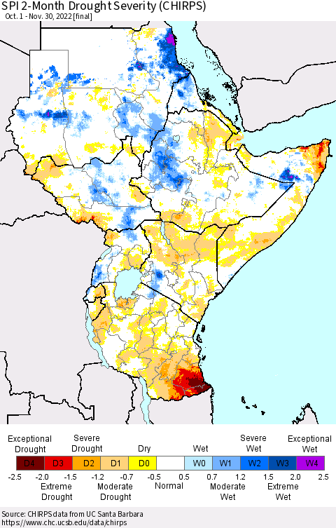 Eastern Africa SPI 2-Month Drought Severity (CHIRPS) Thematic Map For 10/1/2022 - 11/30/2022