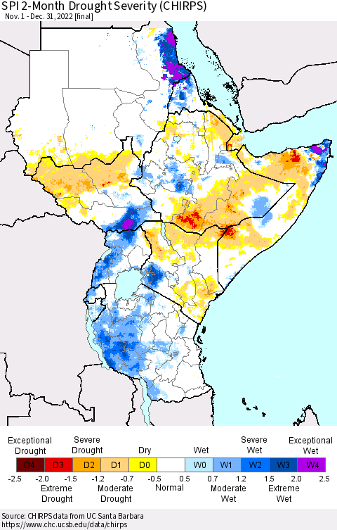 Eastern Africa SPI 2-Month Drought Severity (CHIRPS) Thematic Map For 11/1/2022 - 12/31/2022