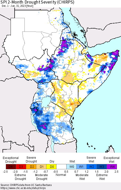 Eastern Africa SPI 2-Month Drought Severity (CHIRPS) Thematic Map For 12/1/2022 - 1/31/2023
