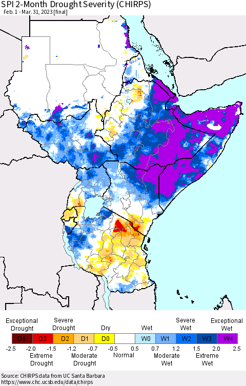 Eastern Africa SPI 2-Month Drought Severity (CHIRPS) Thematic Map For 2/1/2023 - 3/31/2023