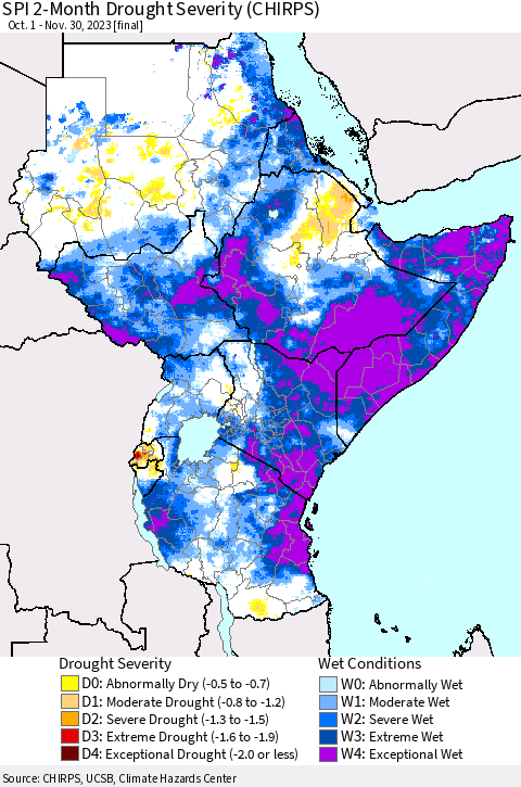 Eastern Africa SPI 2-Month Drought Severity (CHIRPS) Thematic Map For 10/1/2023 - 11/30/2023