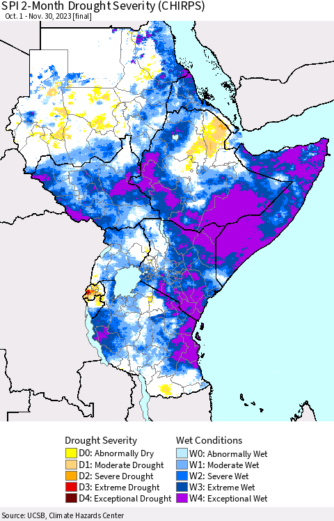 Eastern Africa SPI 2-Month Drought Severity (CHIRPS) Thematic Map For 10/1/2023 - 11/30/2023