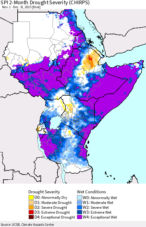 Eastern Africa SPI 2-Month Drought Severity (CHIRPS) Thematic Map For 11/1/2023 - 12/31/2023