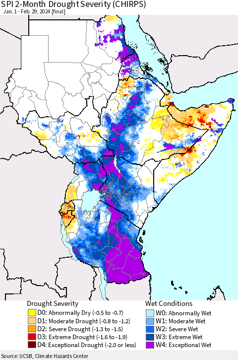 Eastern Africa SPI 2-Month Drought Severity (CHIRPS) Thematic Map For 1/1/2024 - 2/29/2024