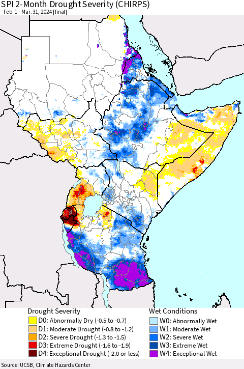 Eastern Africa SPI 2-Month Drought Severity (CHIRPS) Thematic Map For 2/1/2024 - 3/31/2024