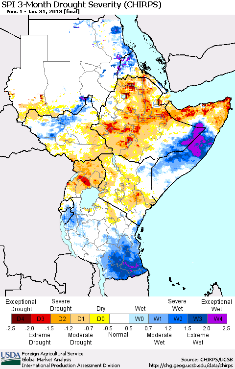 Eastern Africa SPI 3-Month Drought Severity (CHIRPS) Thematic Map For 11/1/2017 - 1/31/2018