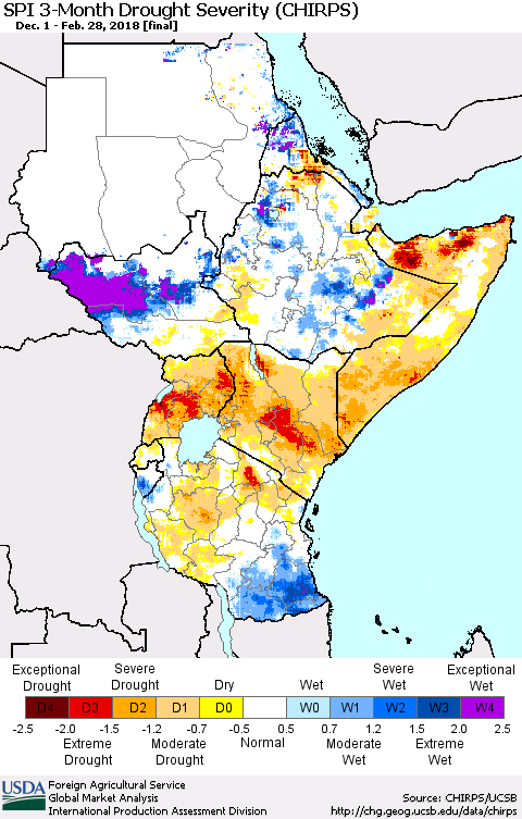 Eastern Africa SPI 3-Month Drought Severity (CHIRPS) Thematic Map For 12/1/2017 - 2/28/2018