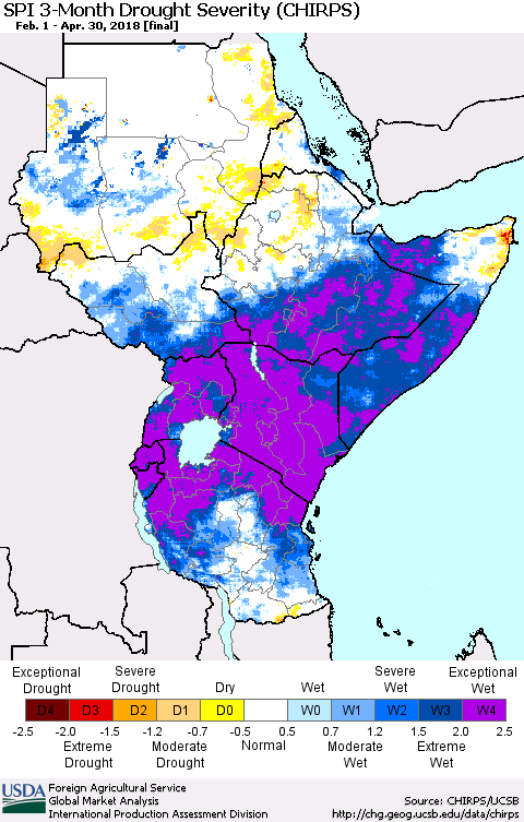 Eastern Africa SPI 3-Month Drought Severity (CHIRPS) Thematic Map For 2/1/2018 - 4/30/2018