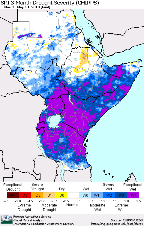 Eastern Africa SPI 3-Month Drought Severity (CHIRPS) Thematic Map For 3/1/2018 - 5/31/2018