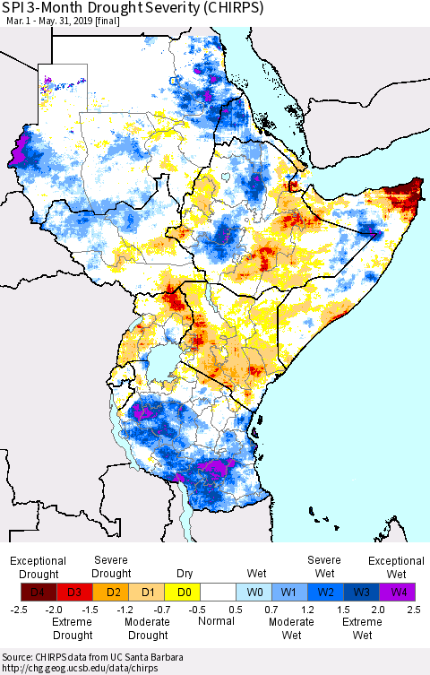 Eastern Africa SPI 3-Month Drought Severity (CHIRPS) Thematic Map For 3/1/2019 - 5/31/2019