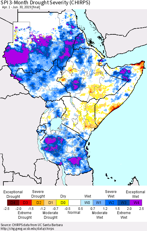 Eastern Africa SPI 3-Month Drought Severity (CHIRPS) Thematic Map For 4/1/2019 - 6/30/2019