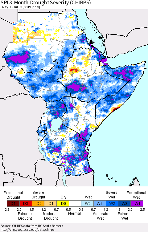 Eastern Africa SPI 3-Month Drought Severity (CHIRPS) Thematic Map For 5/1/2019 - 7/31/2019