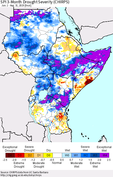 Eastern Africa SPI 3-Month Drought Severity (CHIRPS) Thematic Map For 6/1/2019 - 8/31/2019