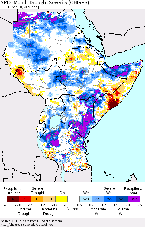 Eastern Africa SPI 3-Month Drought Severity (CHIRPS) Thematic Map For 7/1/2019 - 9/30/2019