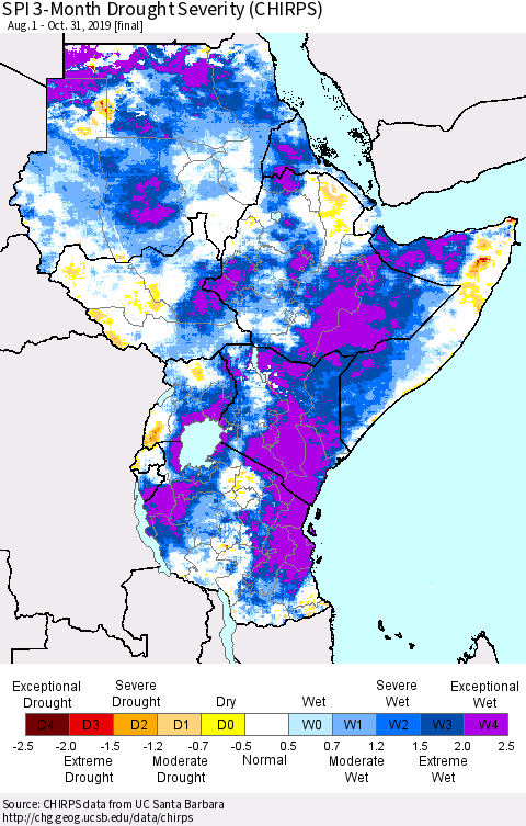 Eastern Africa SPI 3-Month Drought Severity (CHIRPS) Thematic Map For 8/1/2019 - 10/31/2019