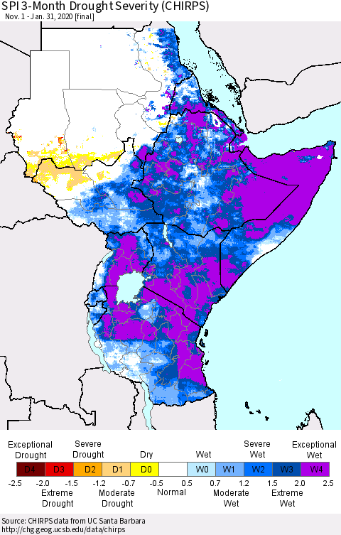 Eastern Africa SPI 3-Month Drought Severity (CHIRPS) Thematic Map For 11/1/2019 - 1/31/2020