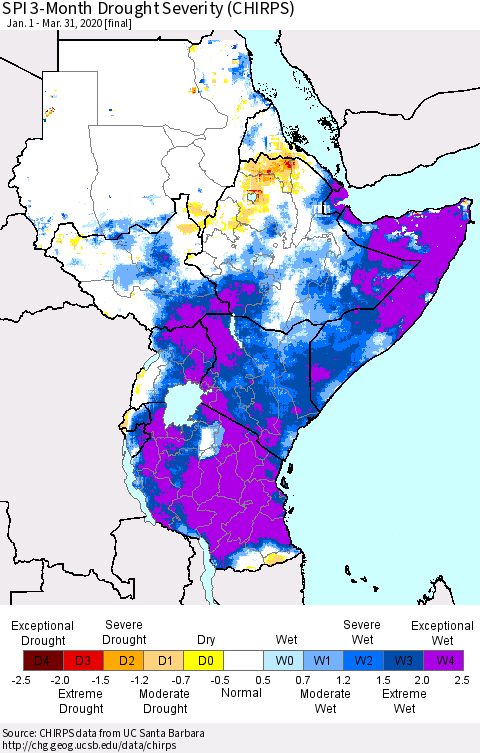 Eastern Africa SPI 3-Month Drought Severity (CHIRPS) Thematic Map For 1/1/2020 - 3/31/2020