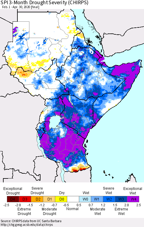 Eastern Africa SPI 3-Month Drought Severity (CHIRPS) Thematic Map For 2/1/2020 - 4/30/2020