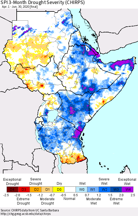 Eastern Africa SPI 3-Month Drought Severity (CHIRPS) Thematic Map For 4/1/2020 - 6/30/2020