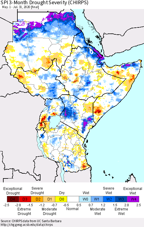 Eastern Africa SPI 3-Month Drought Severity (CHIRPS) Thematic Map For 5/1/2020 - 7/31/2020