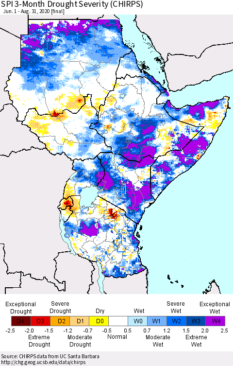 Eastern Africa SPI 3-Month Drought Severity (CHIRPS) Thematic Map For 6/1/2020 - 8/31/2020