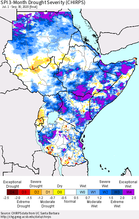 Eastern Africa SPI 3-Month Drought Severity (CHIRPS) Thematic Map For 7/1/2020 - 9/30/2020