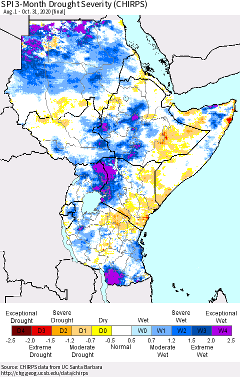 Eastern Africa SPI 3-Month Drought Severity (CHIRPS) Thematic Map For 8/1/2020 - 10/31/2020