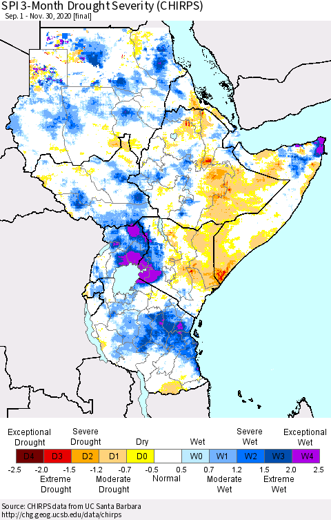Eastern Africa SPI 3-Month Drought Severity (CHIRPS) Thematic Map For 9/1/2020 - 11/30/2020